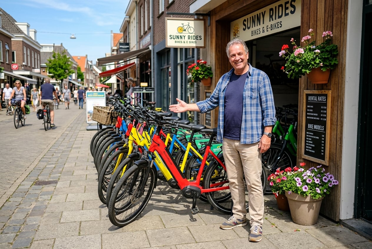 Lachende fietsverhuurder naast een kleurrijke rij huurfietsen op een zonnige dag