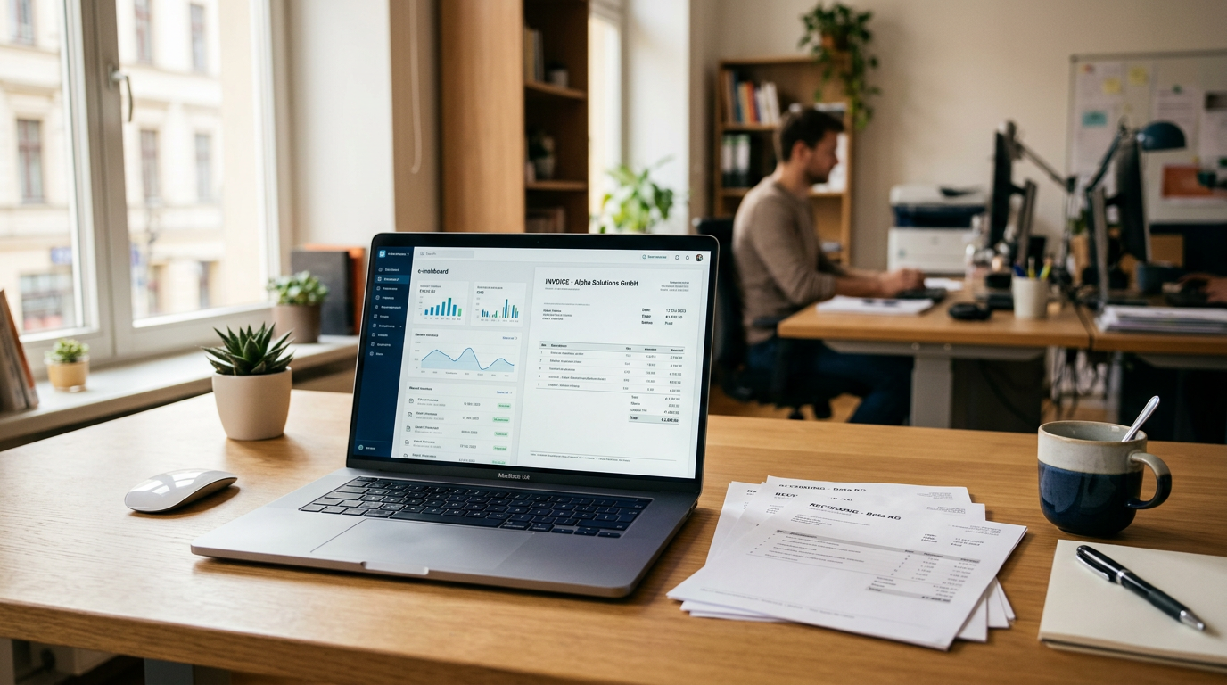 Laptop met een gestructureerde e-factuur en facturen op een bureau