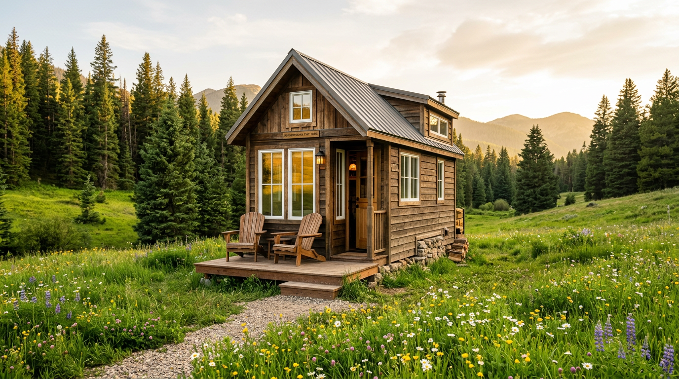 Houten tiny house in een groene weide, een bijzonder verhuurobject